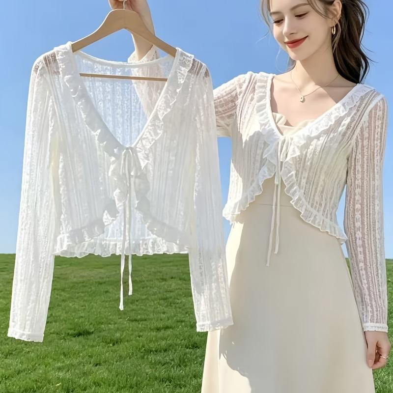 Women's Cardigan Jacket, Summer Lightweight Breathable Lace Tie Shawl, Fashionable Versatile Short Cardigan Jacket, Outerwear for Slip Dresses