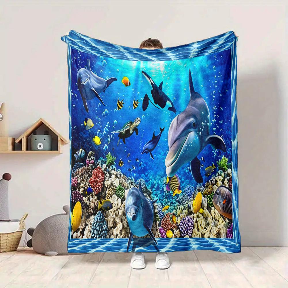 1Pc Underwater Marine Life Blanket Soft And Comfortable Casual Warm Camping Travel Christmas Halloween Xmas Gift M924634