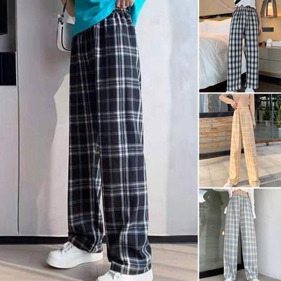 Women's Retro Wide Leg Casual Pants Elastic Summer High Waist Loose Plaid Lightweight