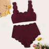 Simple Solid High Waist Bikini Women Swimsuit Fashion Floral Edge Split Bathing Suit 2025 New Casual Lady Two Pieces Beachwear