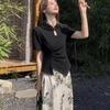 2026 Spring Chinese-Inspired Black Frog Button Top & Floral Silk Skirt Set for Women