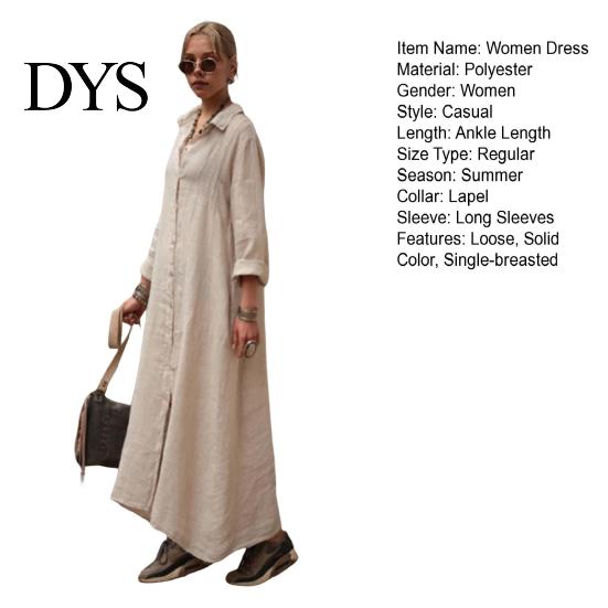 Spring Long Dress Summer Maxi Loose Turn-down Collar Sleeves Pure Color Casual Solid Single-breasted Cardigan OL Commute Daily Wear Women Lightweight
