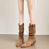 Western Cowboy Boots Thick Heel Retro Short Boots Women's 2025 New Thin High Heel Pointed Thick Heel Pleated Pile Boots Tide