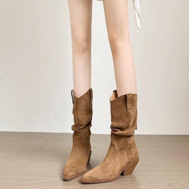 Western Cowboy Boots Thick Heel Retro Short Boots Women's 2025 New Thin High Heel Pointed Thick Heel Pleated Pile Boots Tide