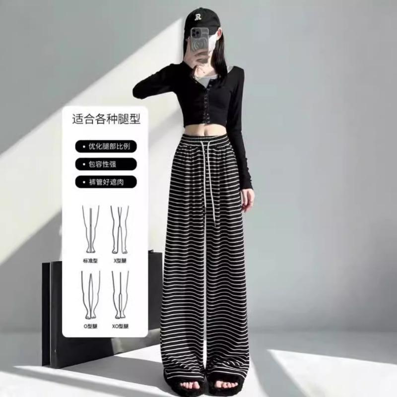 

Yafi полоски клейкий рис брюки широкие женские осенние новые универсальные повседневные брюки для подметания пола с высокой талией и прямыми ногами свободные брюки Ямамото One size чёрный