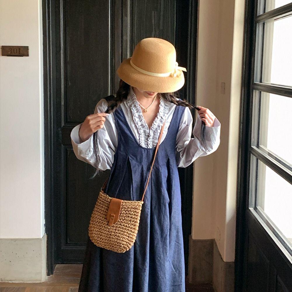 French Weaving Cap Hepburn Bucket Sun Hat Elegant Bow Straw Cap  Ladies