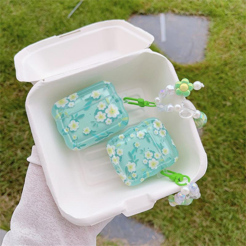 Creative Small Fresh Green Floral AirPods Pro Earphone Case for Apple Bluetooth 2-3 Generation Protective Case for Women