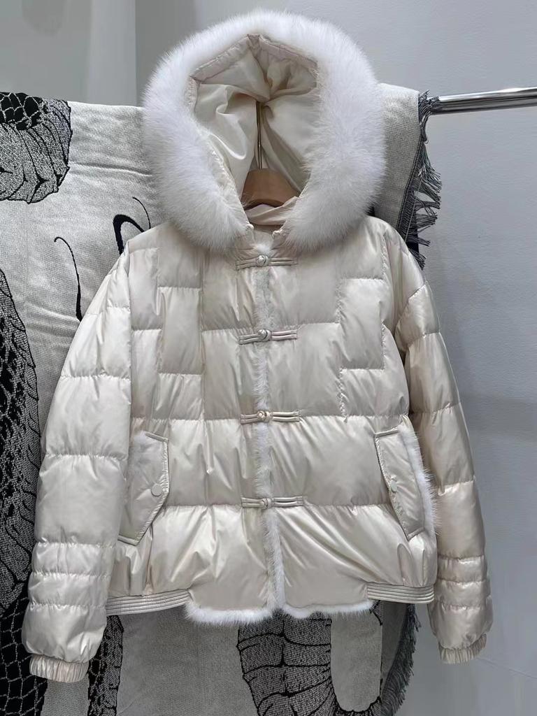 Autumn and Winter New Fox Hair Big Fur Collar Hooded Down Jacket Women's Short Mink Hair Chinese Style Buckle Jacket