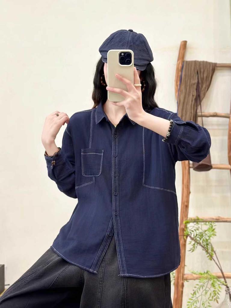 Women's Retro Double-Layer Cotton Gauze Long Sleeve Shirt for Early Spring