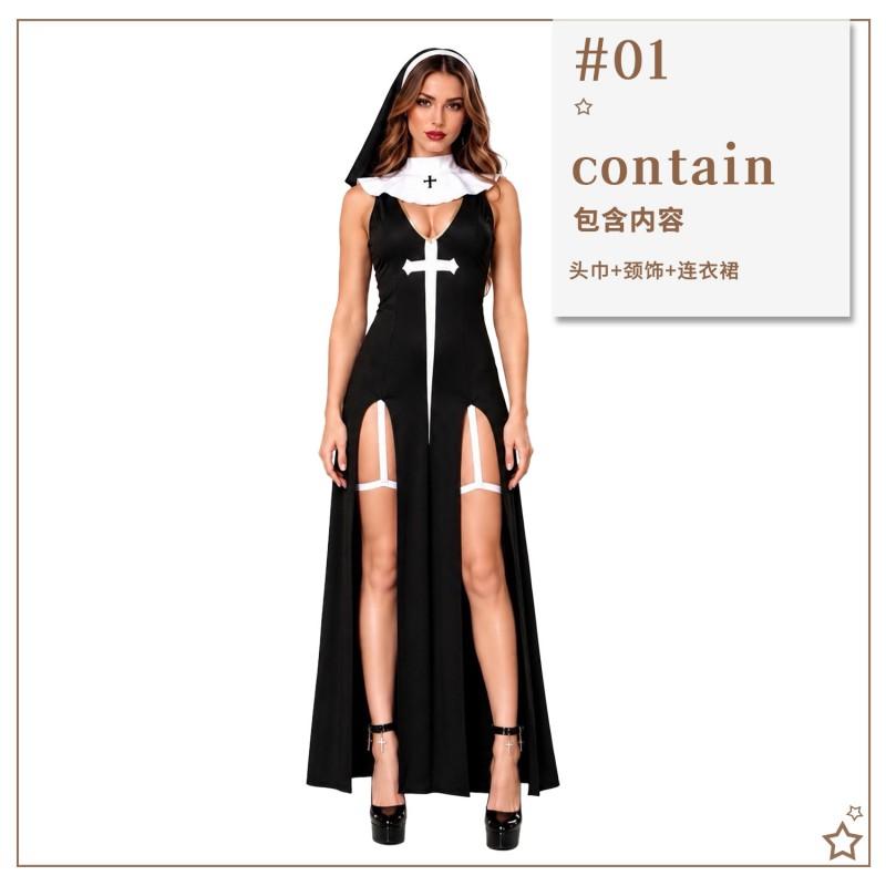 Halloween Nun Costume Women Adult Cosplay Outfit Sexy Stage Performance Dress Set