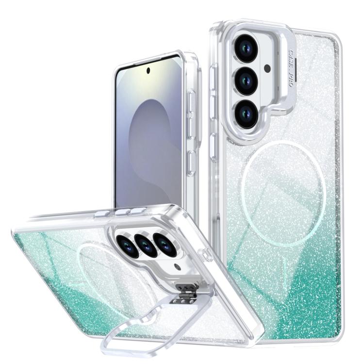 Glitter Gradient Magnetic Phone Case For Samsung Galaxy S25+ / S24+ 5G, Lens Frame Kickstand Wireless Charging Protective Cover