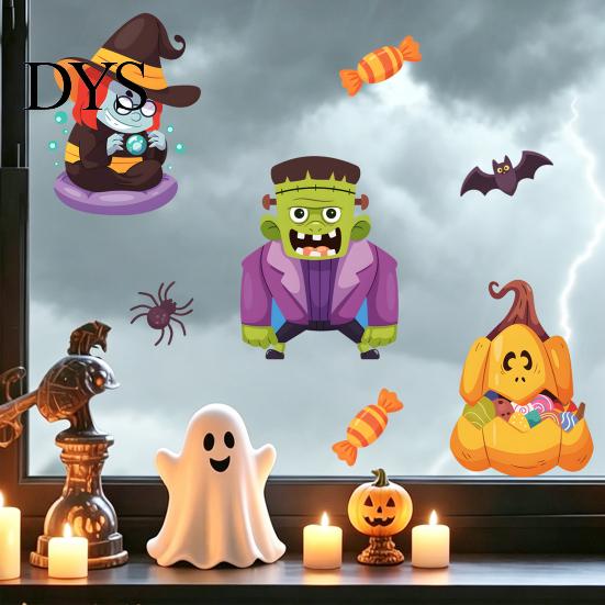 Cute Cartoon Pumpkin Ghost Decals Halloween Static Window Clings, Witch Monsters Decals, Waterproof Children Room Holiday Decoration Removable