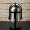 Medieval Knight Steel Barbuta Helmet with Wooden Stand Handmade Armor Collectible Viking Crusader Helmet