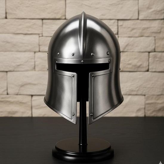 Medieval Knight Steel barbuta Helmet with Wooden Stand Handmade Armor Collectible Viking Crusader Helmet
