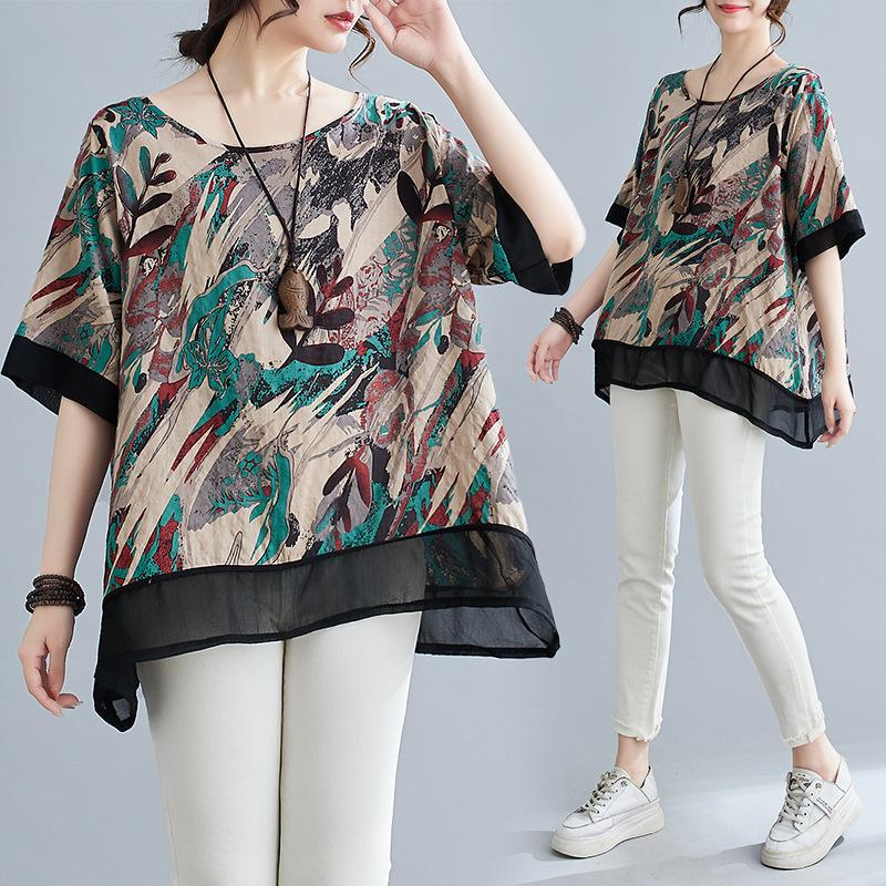 Bumbac și In Mărimi Mari Femei Vară Stil Nou Imprimeu Literar Larg Acoperire Carne Casual Versatil Gât Rotund Mânecă Scurtă Tricou Top