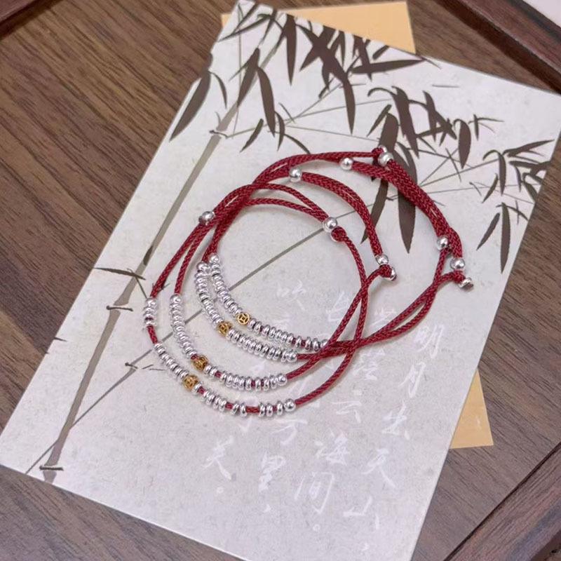 Chinese Style Red Rope Sterling Silver & Gold Coin Bracelet for Women - Elegant Niche Design
