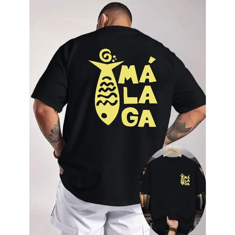 

MÁLAGA Malaga Fish-Shaped Letter Double-Sided Print Men s T-Shirt, Spanish City Cultural Style, Suitable for Travel, Daily Wear, and Outfits S чёрный