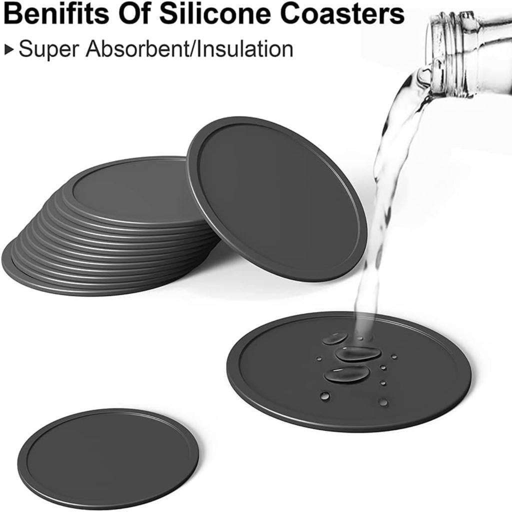 Silicone Drink Coaster Set of 12 with Storage Shelf - Heat Resistant Cup Mats