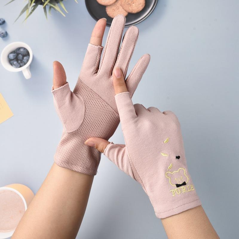 Sun Protection Gloves for Women  Spring and Summer  Thin  Two Finger Exposed Sweat Absorbing  Breathable  Anti Slip Cute Little Bear Gloves