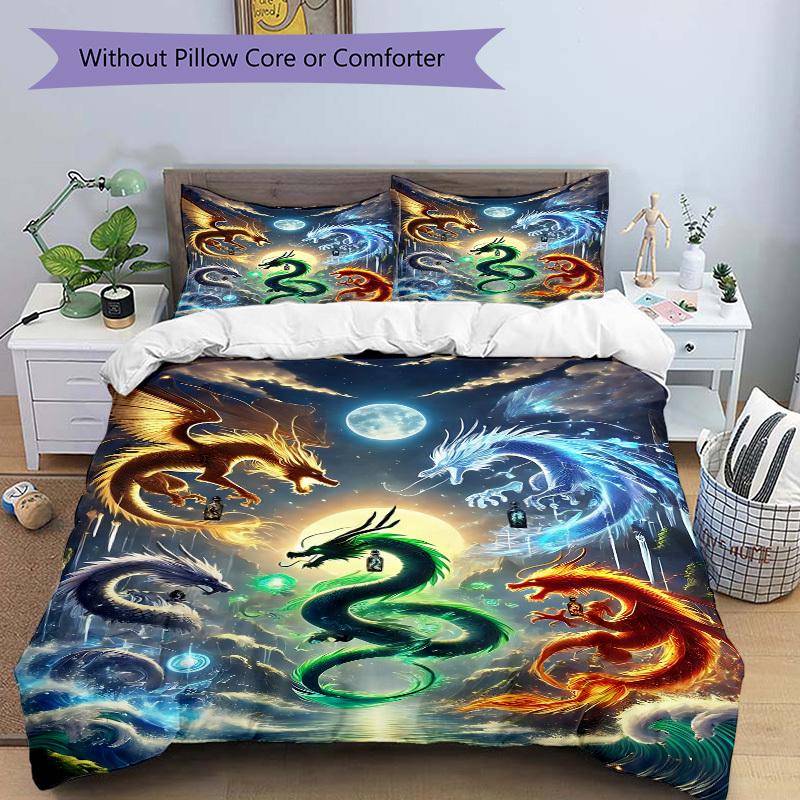 3pcs Mythical Dragons Duvet Cover Set, Cover For Bedroom Guest Room (1 Duvet Cover + 2 Pillowcase, Without Quilt),  yy250922161