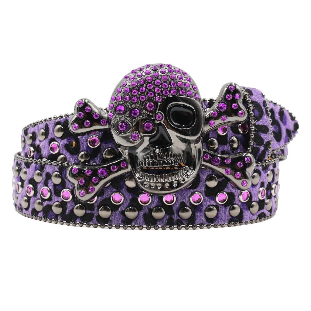 Women’s Skull Leopard Print Rhinestone Belt - Dark Punk Style, Fully Inlaid with Diamonds