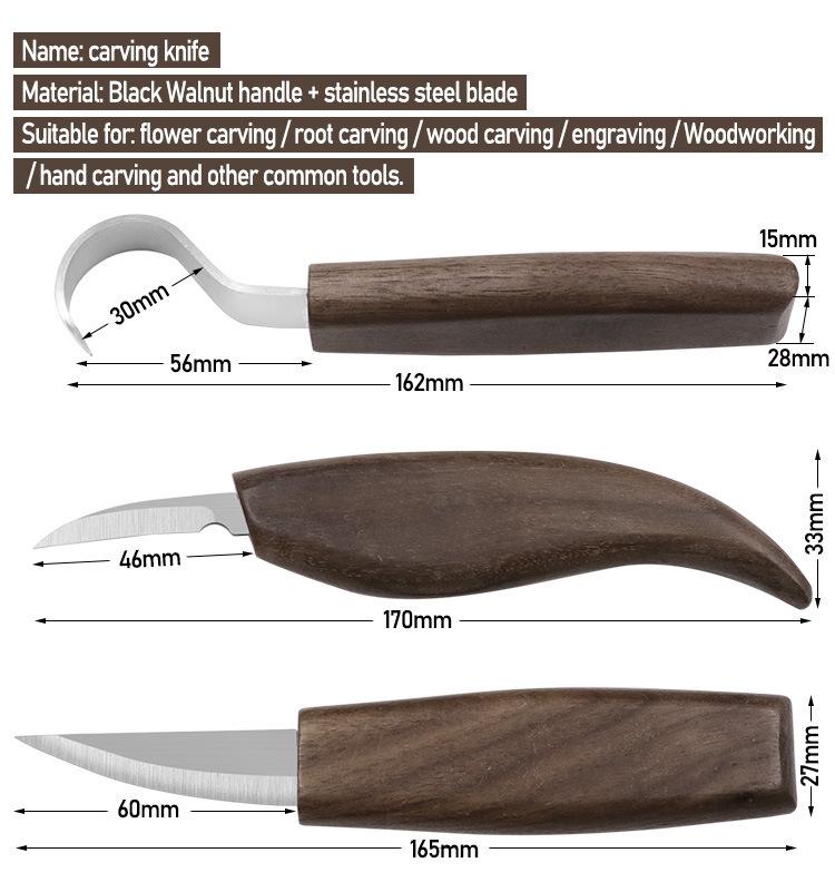 Wood Carving Tool Set: Walnut Handle, Curved & Straight Knives, Ideal for Woodworking & Hand Carving.