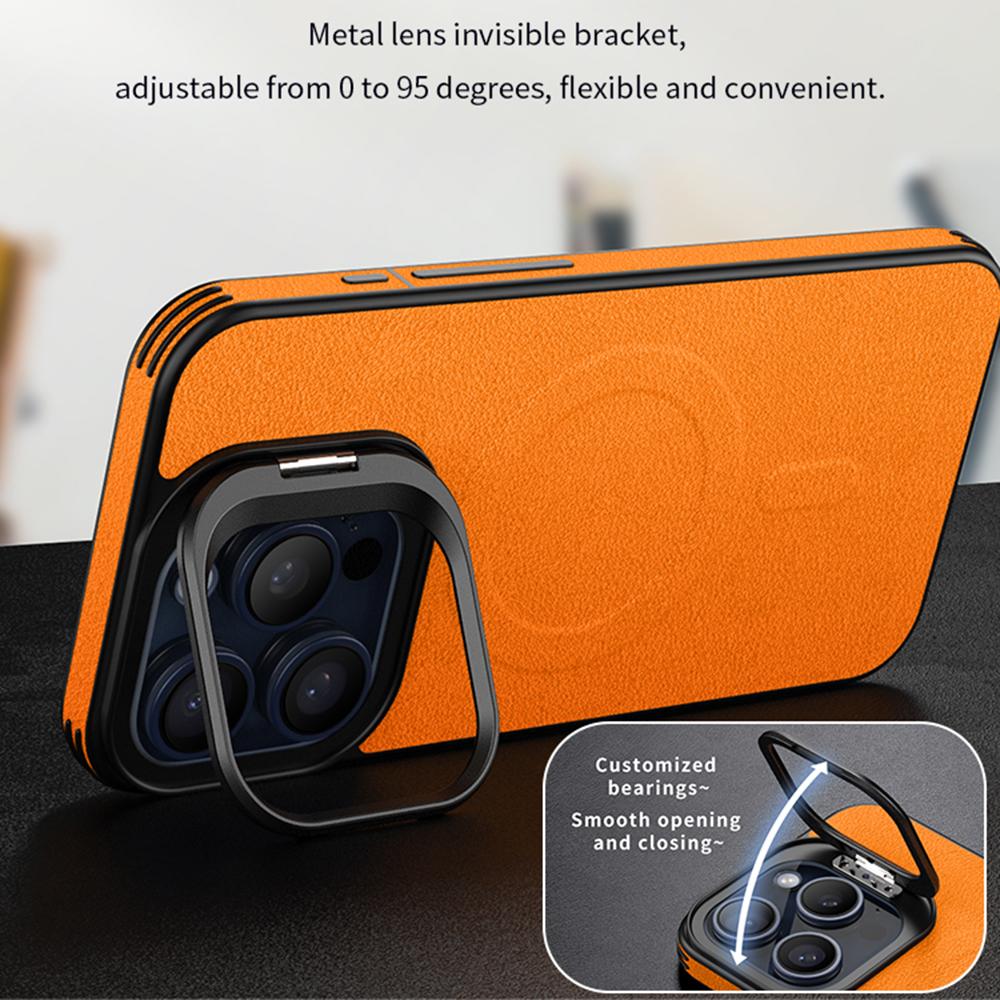 For iPhone 16 Pro Magnetic Case with Lens Kickstand Leather Phone Back Cover