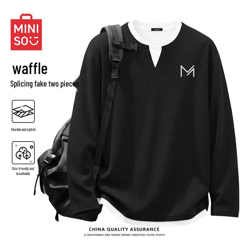 MINISO Men's Waffle-Knit Long Sleeve Fake Two-Piece T-Shirt