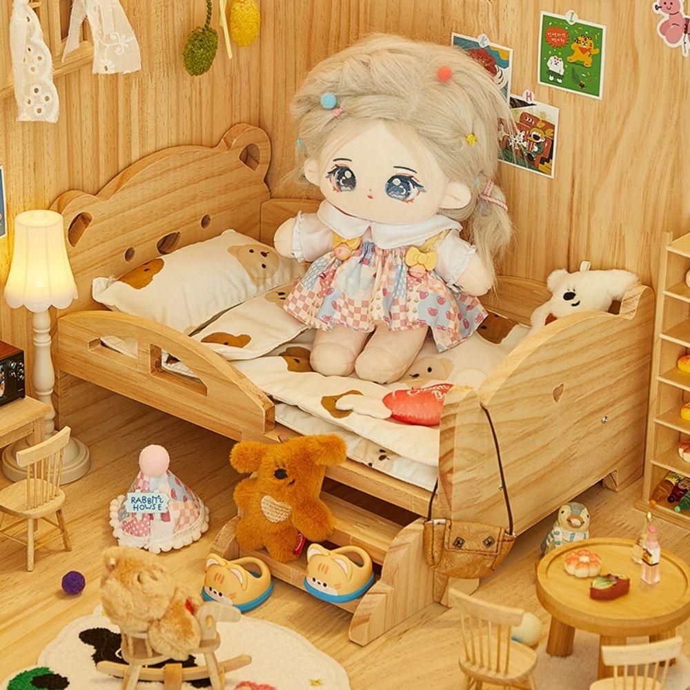 With Stairs Wooden Mini Bed Pig Rabbit Dollhouse Toy Bed Doll Miniature Bed  Photo Props