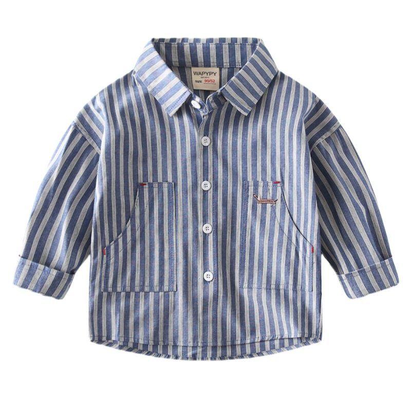 Boys' Striped Shirt Spring and Autumn Children's Clothing Baby Boy Casual Embroidered Long-Sleeved Shirt Children's Collared Shirt Top