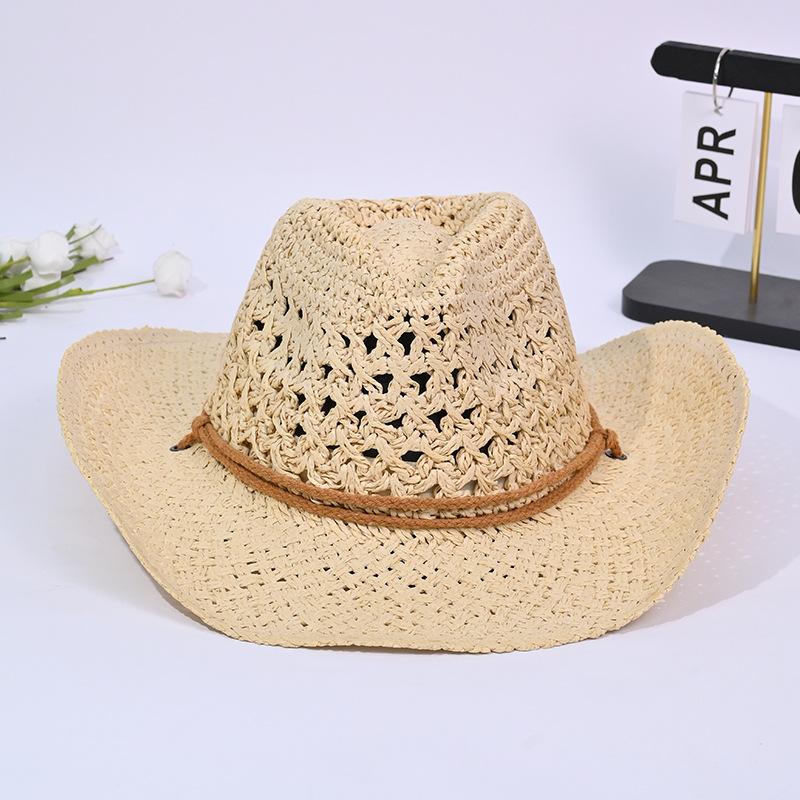 

Летняя солнцезащитная шляпа от солнца из соломы рафии, детская, ажурная, дышащая, шляпа западного ковбоя из соломы, для улицы, для побережья Average size