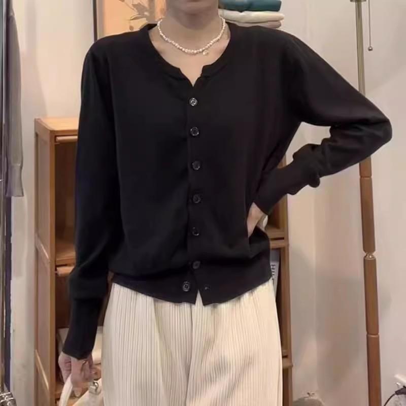 Thin Knitted Cardigan Women's Autumn New Round Neck Loose Short Sweater Jacket Top Women