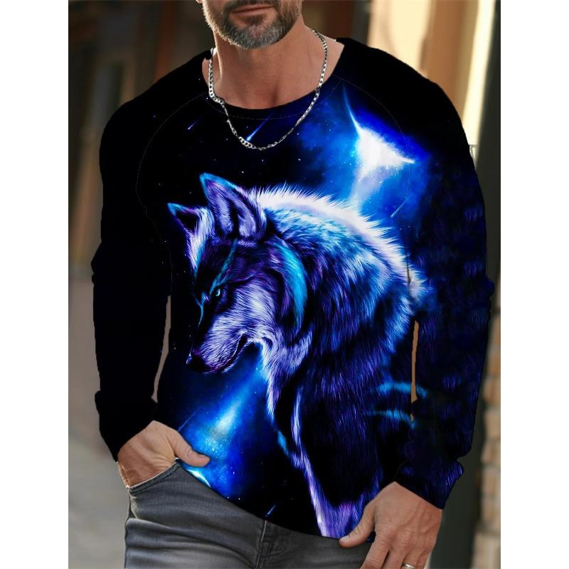 Herren Sommer Langarm 3D-gedrucktes Wolfsmuster T-Shirt Tops Herren Streetwear Kleidung Rundhals Grafik Langarm T-Shirt