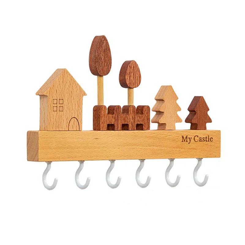 Solid Wood Wall Key Hook Creative Wall Mounted Entryway No Punch Key Organizer