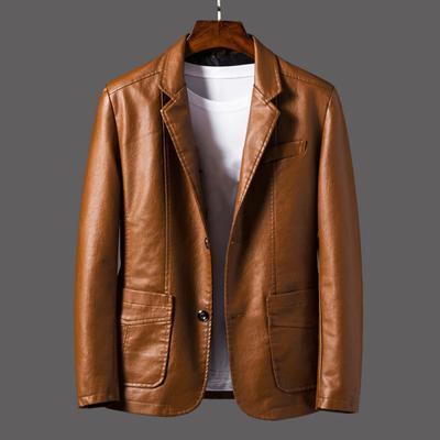 Herrenjacke Revers Langarm Einreihiger Kunstledermantel mit Taschen Lockere Passform Einfarbige Oberbekleidung