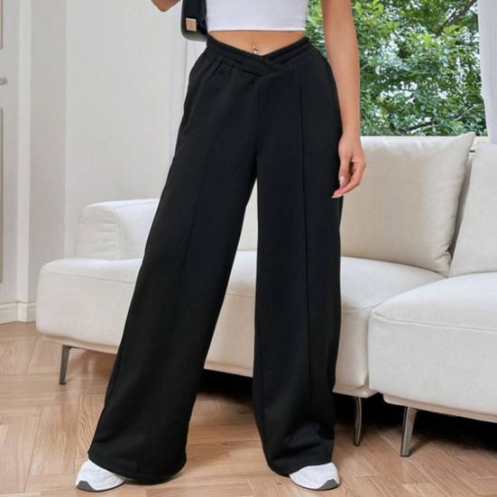 Women Pants V-Shaped Elastic High Waist Straight Wide Leg Long Pants Solid Color Loose Fit Sweatpants