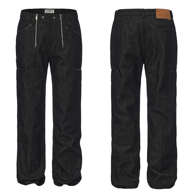 

Dnd4Des Double Zipper Genuine Leather Patchwork German-Style Pants with a Unique Design, Raw Denim 646 Flared Jeans Black XS