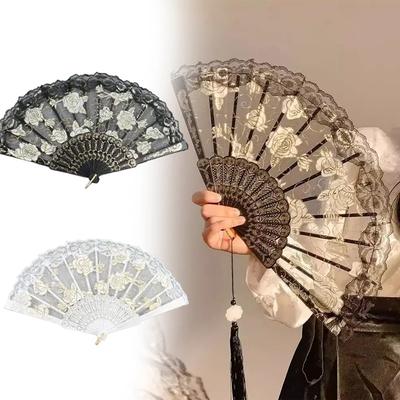 2 stuks vouwventilator met kwastje Bruiloft Cosplay Feest Huis Vouwventilatoren Kant Handventilator Witte Kant Decoratieve Ventilator Fotorekwisieten