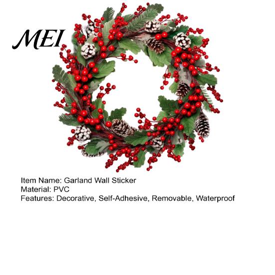 Holiday Home Beautification Christmas Wreath Wall Stickers, Red Berries And Pine Cones Garland Decals, Seasonal Window Filmes Waterproof PVC