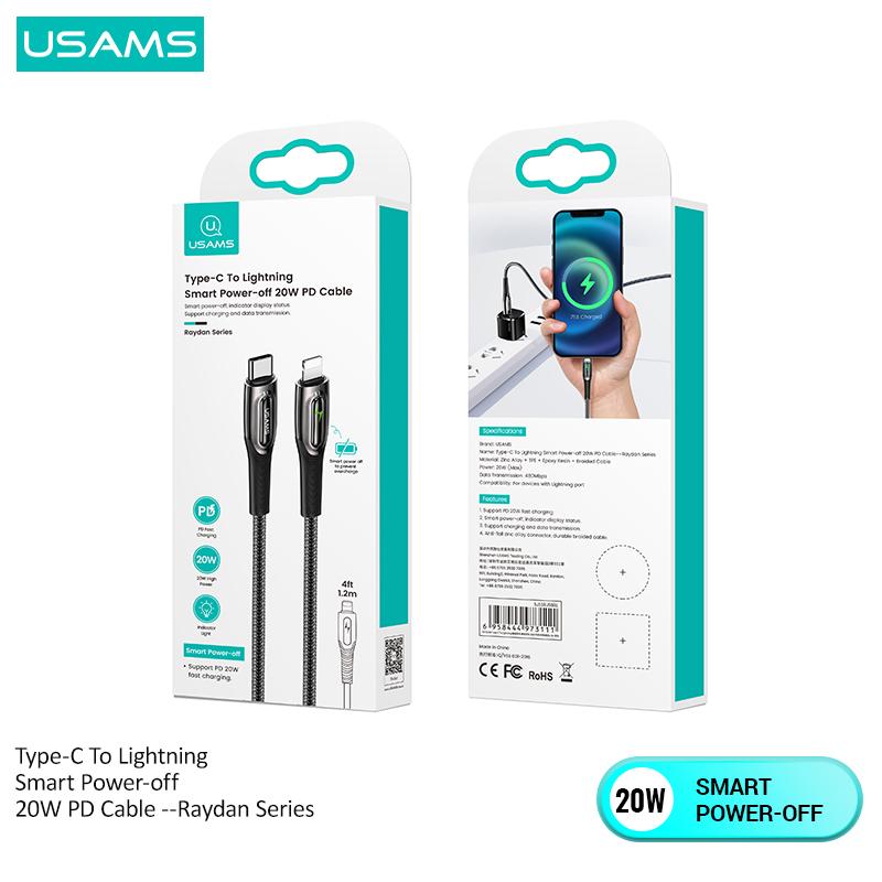 USAMS Type-C To Lightning Smart Power-off 20W PD Cable Fast Charging For iPhone 12 11 Pro Max Cable For Ipad Air Mini Data Cable