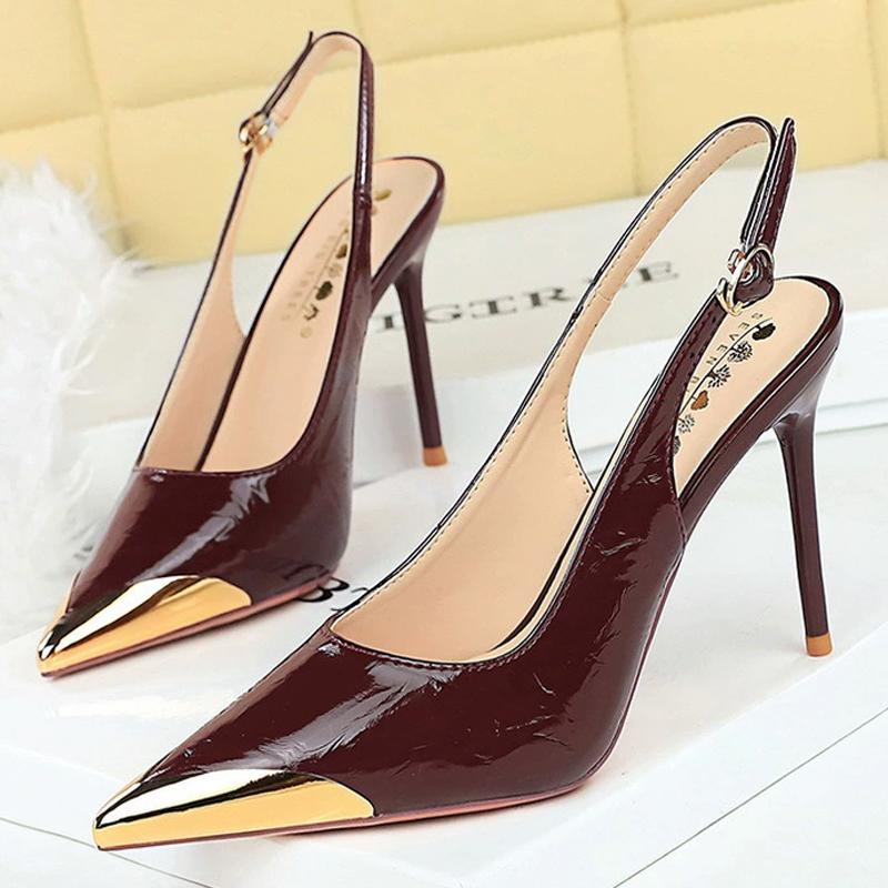 

New Women 9.5 cm Heels Metal pointed tip Women Pumps Hollow out hook strap High heeled Sandals Women Summer Shoes Plus Size 43 34