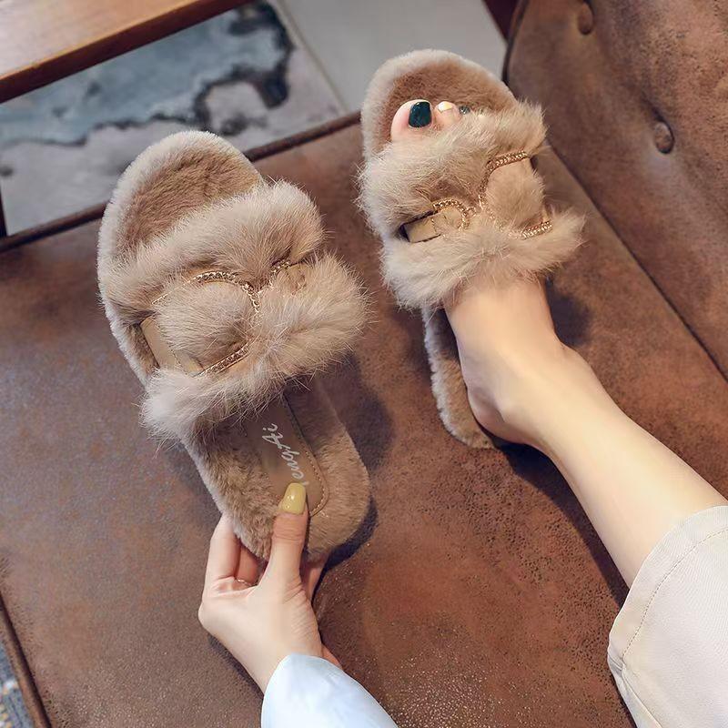 Fashion Women Slippers Fashion One Word Fluff Solid Slippers Casual Home Comfortable Cotton Shoes Women Flat Plush Warm Slides Women