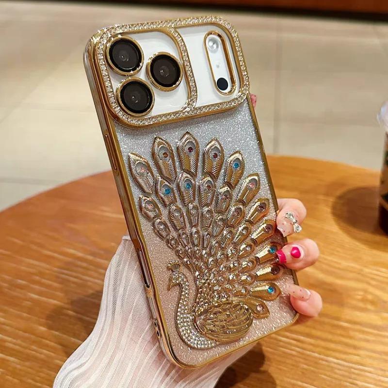 Peacock Plated Frame Glitter Stickers Rhinestone Lens Ring Case for For Iphone 17 Air 16 1 14 Plus 13 Pro Max Protect Soft Cover