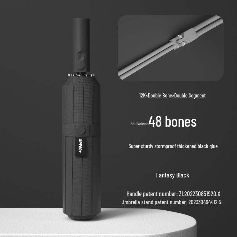 Automatic Stormproof 48-Rib Dual-Use Sun & Rain Folding Umbrella with Black Glue for Sunshade & Protection