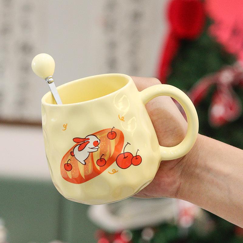 Cute Cup Ceramic Cup with Lid Spoon Nordic Cream Style Girls Coffee Breakfast Cup Bread Mug