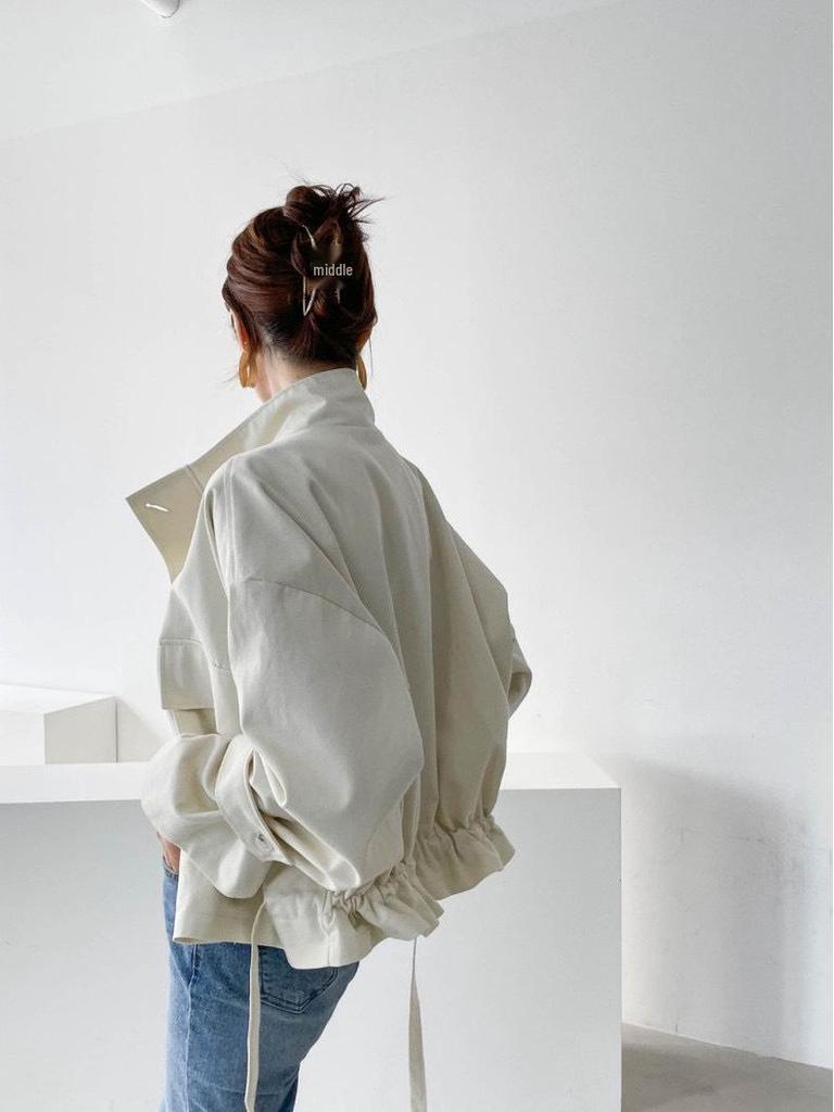 Korean Retro Chic Stand Collar Zipper Jacket with Big Pockets and Long Sleeves
