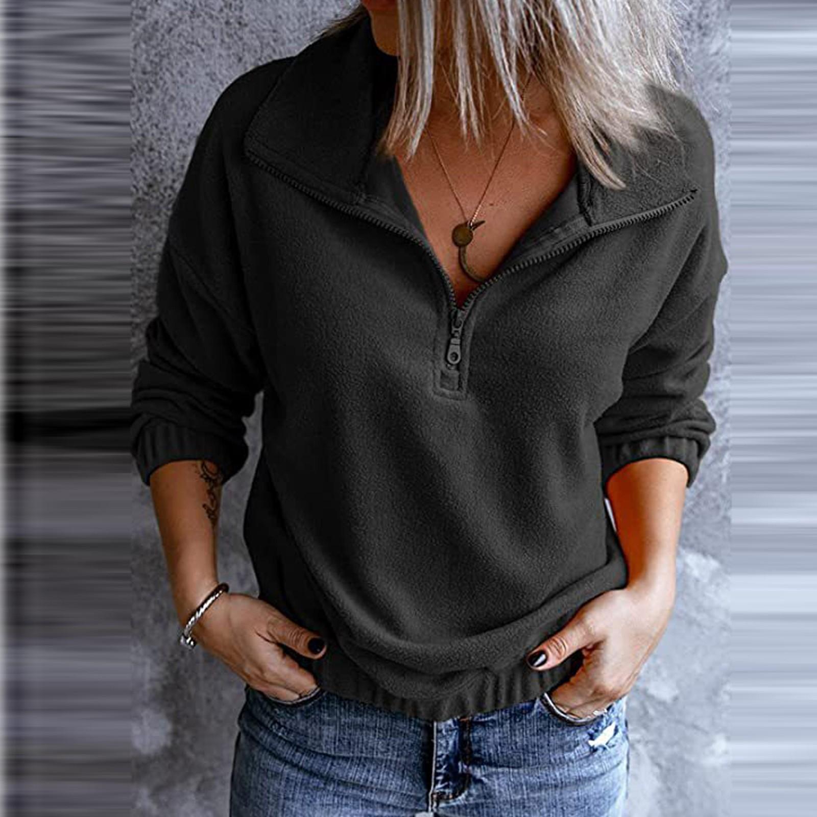 

Женский осенне-зимний однотонный плюшевый свитшот с длинным рукавом, воротником-стойкой и застежкой-молнией XL чёрный