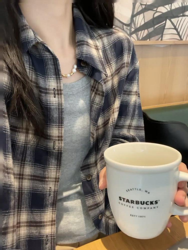 Women's Korean Retro Plaid Shirt Jacket - Dark Blue, Long Sleeve, Loose Fit for Autumn/Winter