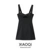 Fashion Style 2024 Autumn New Women's Linen Blended Black Elegant Dress Short Skirt 8651396