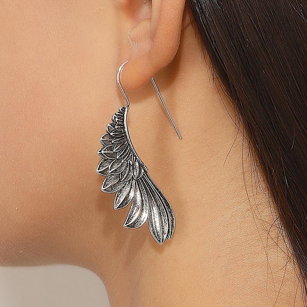 Fashion Retro Inlay Zircon Ancient Silver Feather Texture Angel Devil Wing Pendant Dangle Earrings for Women Gothic Punk Jewelry